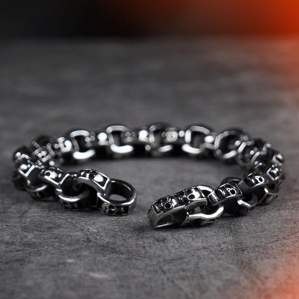 

link, chain punk skull bracelet for men domineering trendy stainless steel vintage carved, Black