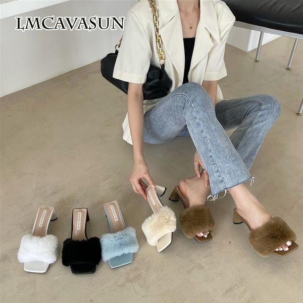 

slippers lmcavasun french hairy women wear a word 2021 fashion ins tide mink hair thick heel half-drag sandals, Black