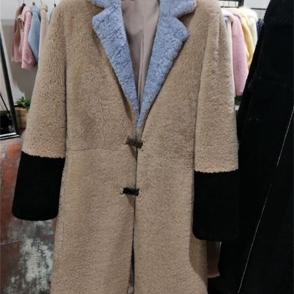 

women's fur & faux x-long coat winter clothes women brand natural real sheep genuine pelt leather jacket color stitching thick warm1 mc, Black