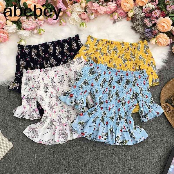 

summer korean slash neck puff sleeve shirt high waist pleated waist ruffles floral short shirt 210715, White