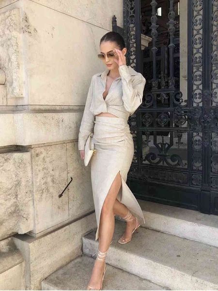 

two piece dress chic beige linen shirts skirts suits women fashion lapel collar cropped blouses ruched side split sets ecz8, White