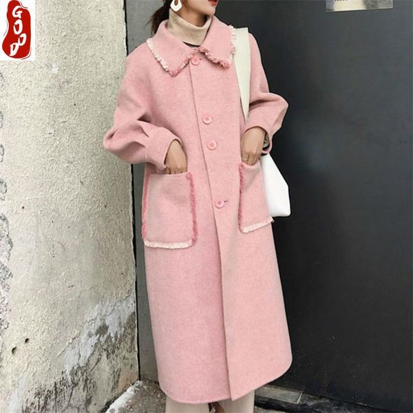 

autumn winter woman coats 2021 korean elegant tassel pink wool jacket casual both side cashmere long coat abrigos lw857 women's & blend, Black