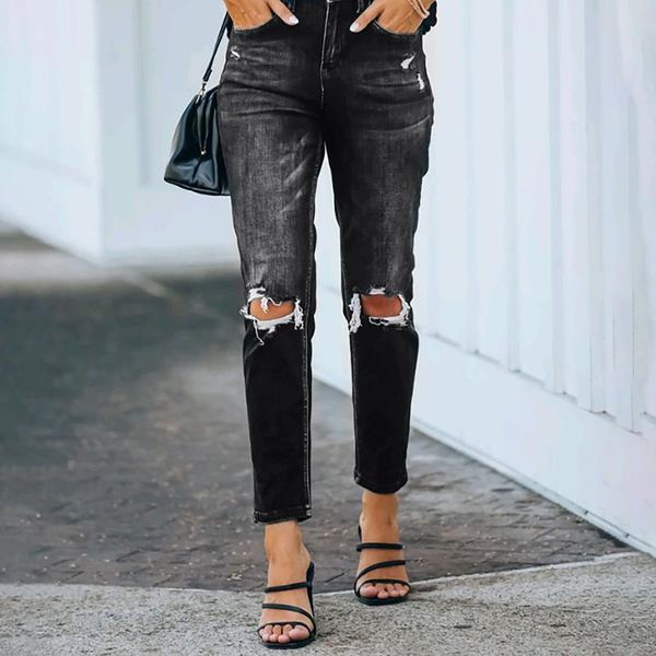 

women's 2021 fashion and casual black solid colour holes excoriation pockets high waist slimming jeans skinny long trousers, Blue