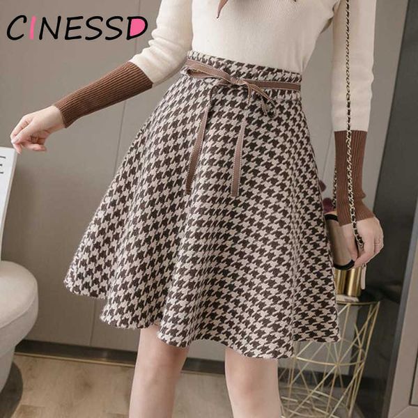 

spring women houndstooth skirt korean high waist plaid wool skirt casual a-line plus size mini woolen skirt ball gown saias 210619, Black
