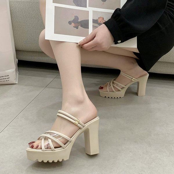 

slippers platform thick heel sandals women transparent pvc pu narrow band summer concise high, Black