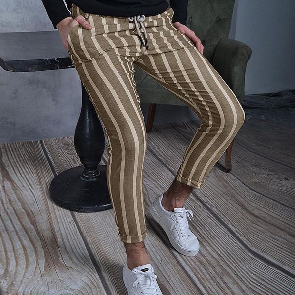

men's pants business men office classic stripe print slim england style lacing up casual trousers streetwear gentleman pencil pant, Black