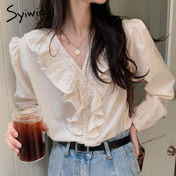 

syiwidii ruffle v neck sweet girl button up shirts for women beige long puff sleeve shirts women korean cotton lace womens 210417, White