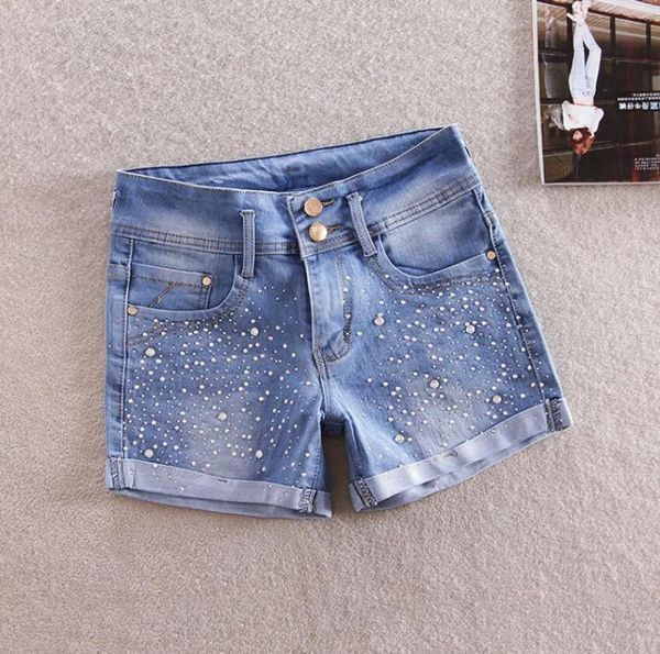 

women's shorts plus size rhinestones beading denim short women 2021 summer cuffed diamond jean female casual feminino p2315, White;black