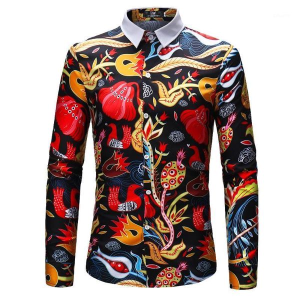 

arrival fashion brand mens clothing slim fit long sleeve shirts 3d printed casual floral plus size 4xl men's, White;black