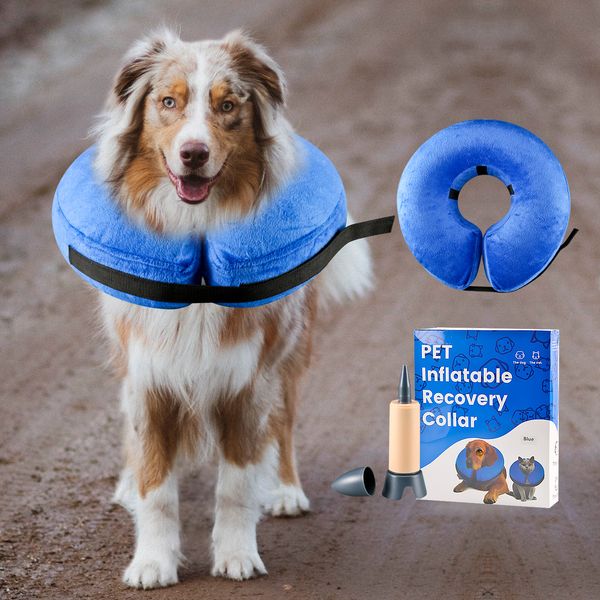 

riding toys inflatable, adjustable dog donut cone, e collar surgery, soft , pillow , not block vision, s-xl, blue&grey, gift inflator pump