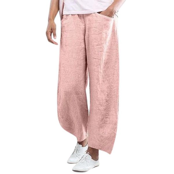 

solid color womens pants pleated elastic mid waist capris large size pockets ankle-length straight trousers vintage women's &, Black;white