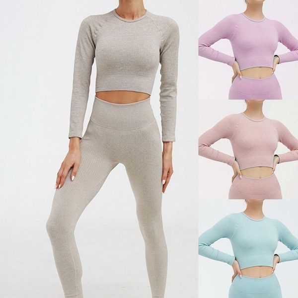 

yoga outfit loozykit women sports leggings set two piece solid color long sleeve high waist elastic skinny slim streetwear