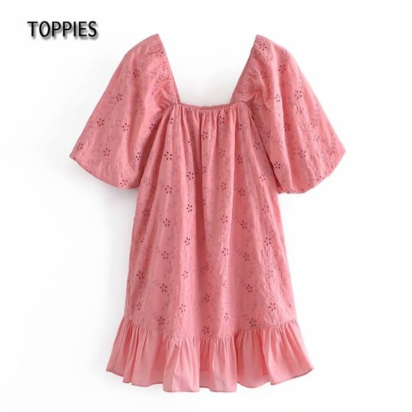 Toppies de algodão rosa mini vestido mulher verão oco out vestido sexy sleeve sleeve quadrado blusas 210412