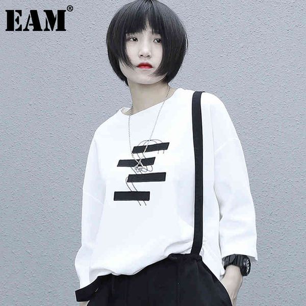 

[eam] women black patch designs big size embroidery t-shirt round neck bat sleeved fashion spring summer 1dd6695 210512, White