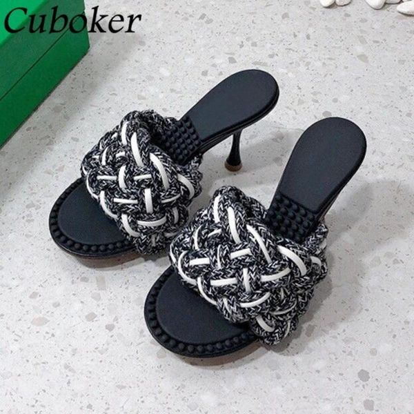 

slippers cross weaved mules women high heels slip on designer shoes for 2021 female sandalias summer, Black