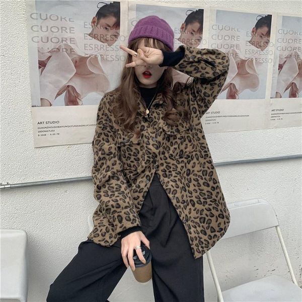 

women's jackets cmaz 2021 autumn winter thick coats for women leopard print long brushed plush plaid shirt thickened fleece one-pi, Black;brown