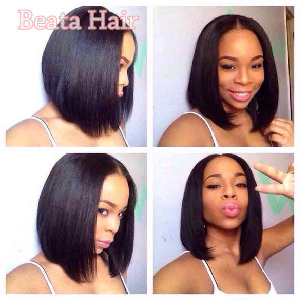 

short full human wigs for black women brazilian virgin glueless bob straight lace front wig with baby hair, Black;brown