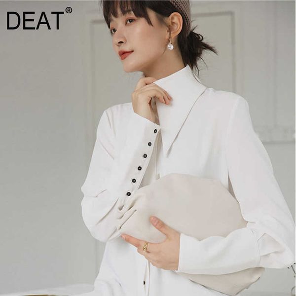 

[deat] women white button split temperament blouse lapel long sleeve loose fit shirt fashion spring autumn 13p389 210527