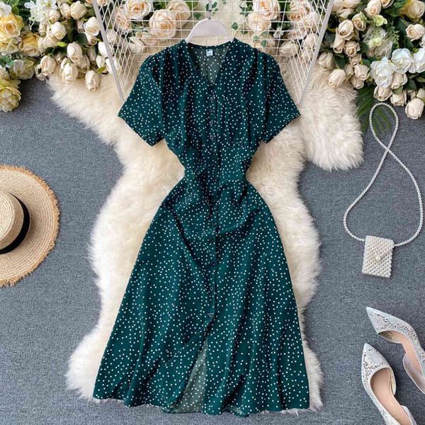 

dresses v neck polka dot print summer elegant party chiffon women single-breasted casual high waist vestidos, Black;gray