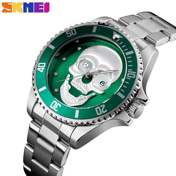 

wristwatches skmei-stainless steel wrist watch for mens, chronograph with skull, quartz, sporty, water resistant, bright, luxury, Slivery;brown