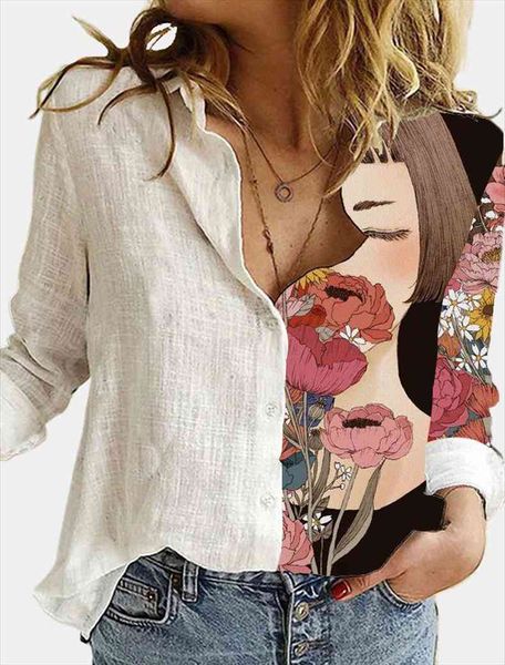 

vintage floral print women blouse autumn casual office loose v-neck shirts, White