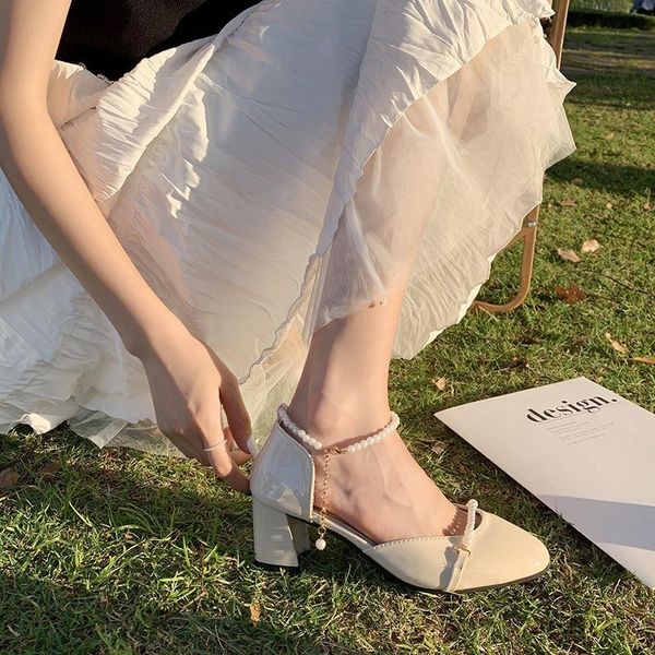 

dress shoes high heels summer thick-heeled mary jane single pearl hollow sandals women, Black