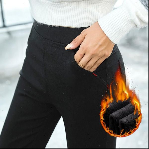 

womens capris stretchy fleece pants women winter high waist warm black trousers velvet plus size female, Black;white