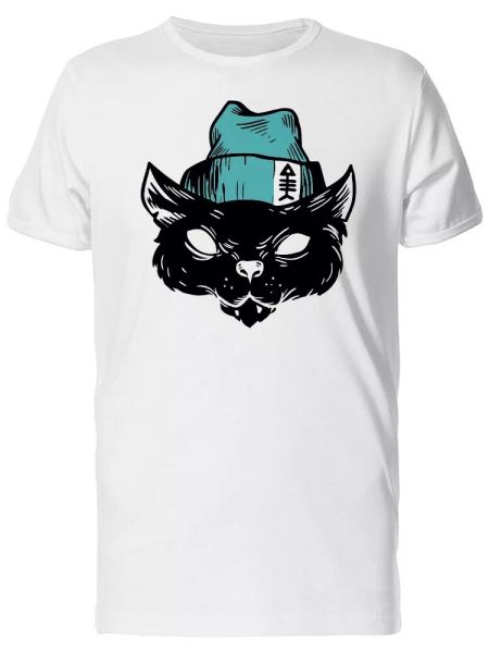 

black cat with a blue beanie men's tee -image by shutterstock, White;black