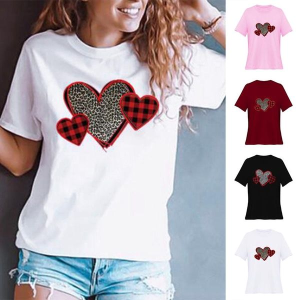 

women's leopard plaid love heart print valentine's day short sleeve t-shirt top, White