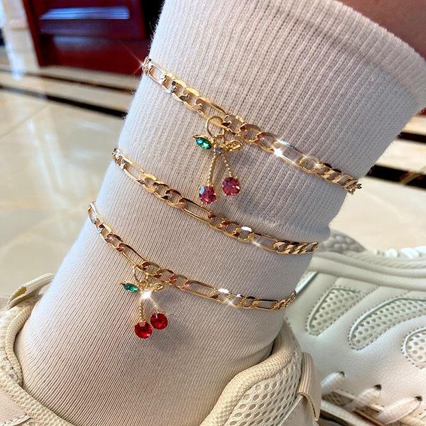 

anklets sumu 2pcs/set fashion crystal cherry anklet for women gold color sweet fruit foot bracelet accessories gift, Red;blue