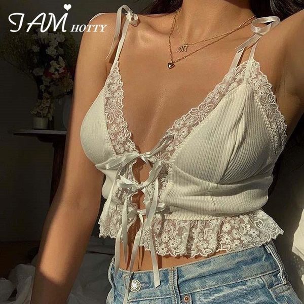 

women's tanks & camis lace patchwork y2k crop women front tie up solid 90s cute corset female beach club party wear 2021 iamty, White