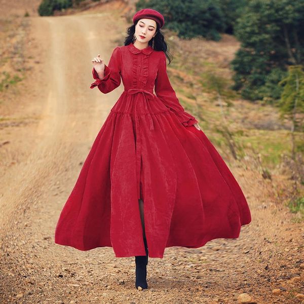 

casual dresses 2021 autumn and winter retro red corduroy dress slim literary large swing female high quality, Black;gray