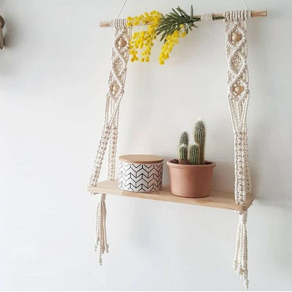 

tapestries hand-woven macrame rack shelf boho cotton rope woven wooden hanging decorative shelves wall ornament