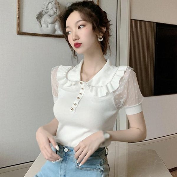 

women's t-shirt retro doll collar knitted mesh stitching puff sleeve short 2021, White