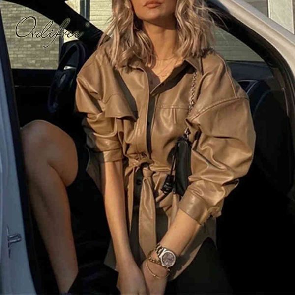 

spring autumn streetwear women coat casual loose fashion outwear belted pu leather jacket 210415, Black