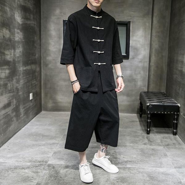 

men's tracksuits men chinese traditional suits tang suit buckle pocket uniform linen retro tai chi clothing style, Gray