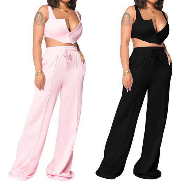 

764# 2021 new women's solid color two piece loose mop wide leg pants, Black;white