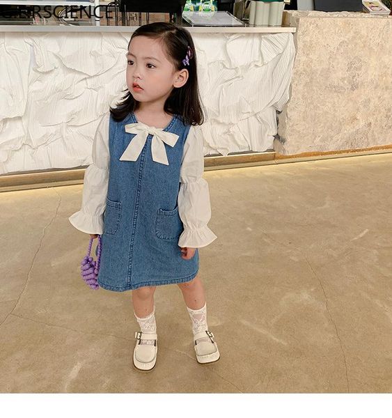 

spring and autumn girls denim dress stitching lantern sleeve shirt kids children bow knot jeans tie girl's dresses, Red;yellow
