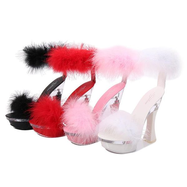 

dress shoes summer 14cm super high heels pumps women transparent waterproof platform sandals feather ankle strap party, Black