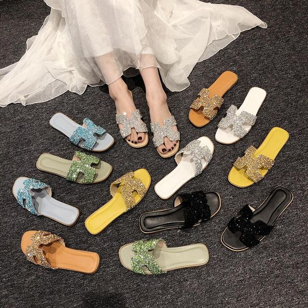 

women's summer wear versatile net red fashion rhinestone harbor style flat bottom one line drag beach cool one's hair slippers, Black