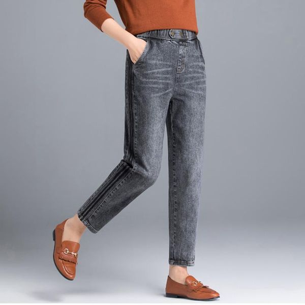 

fashion vintage stripe stretch high waist cowboy harem pants women plus size loose bulifting denim trousers casual jeans women's, Blue