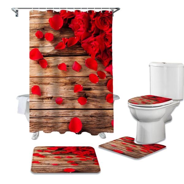 

shower curtains 4pcs/set rose flower board plant curtain waterproof bathroom toilet cover mat non-slip rug set bathtub decor