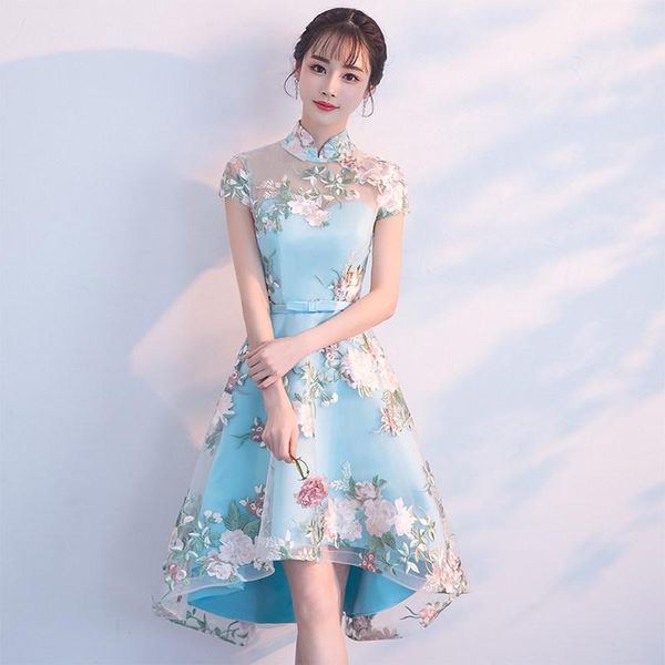 ethnic clothing blue lace-satin patchwork chinese dress gown a-line embroidery flower cheongsam asymmetrical qipao bowknot lady vestido, Red
