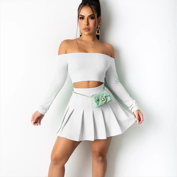 

two pieces set spring summer womens tracksuits solid off shoulder full sleeve shirt pleated mini dress elegant club, Gray