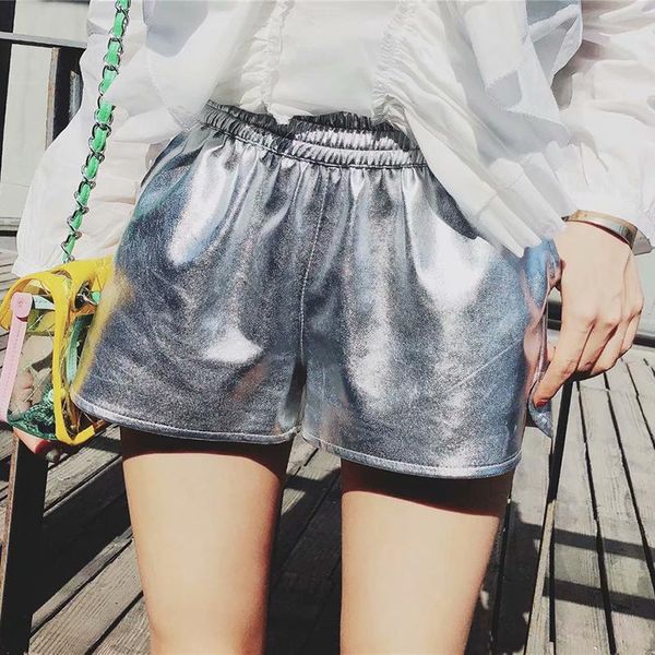 

women's shorts 2021 pu silve leather women black short pant loose casual solid pants pantalon corto mujer, White;black