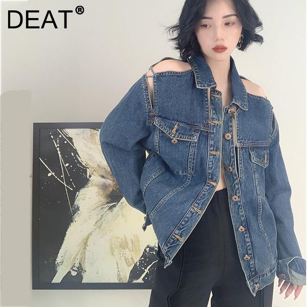 

women's jackets deat 2021 women streetwear pocket design sense hollow shoulder solid color fashionable and versatile denim jacket 7i052, Black;brown