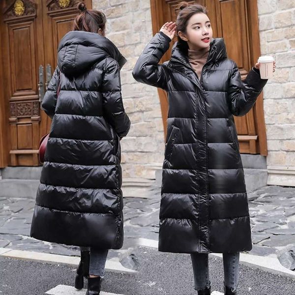 

thickened and lengthened down jacket women's version slim over knee thin winter white duck hooded jacket, Black