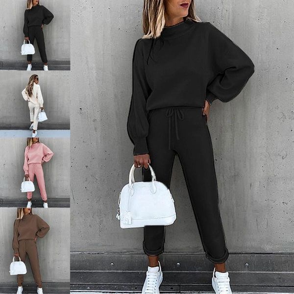 

women's pants & capris women 2 piece workout outfits set long sleeve crop drawstring high waist trousers solid color autumn tracksuit, Black;white