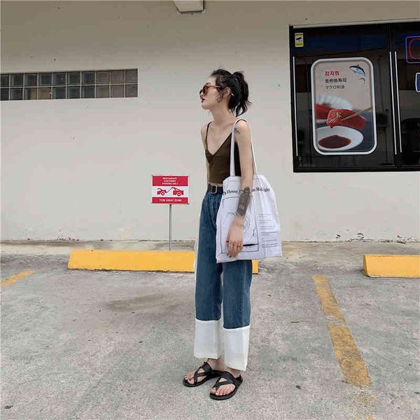 

jeans sewing loose straight jeans with large flanges and laminated ees, Blue