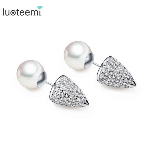 

luoteemi 2pcs luxury cubic zircon with white pearl taper spike cheater expander fake ear plugs stretcher earring stud piercing, Silver
